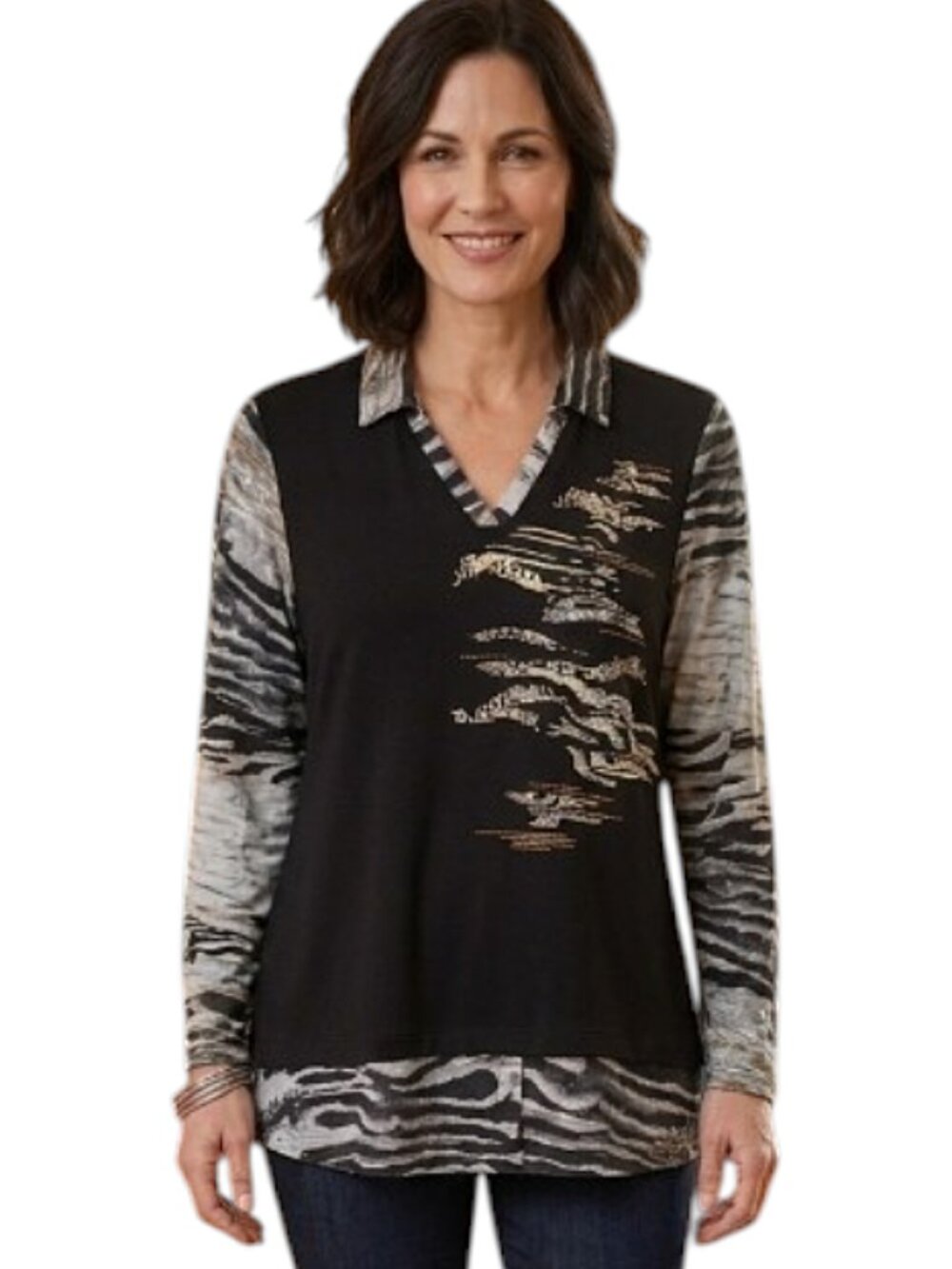 Dolcezza Simply Art Abstract Print Collared Long Sleeve Top Size L Avant Garde
